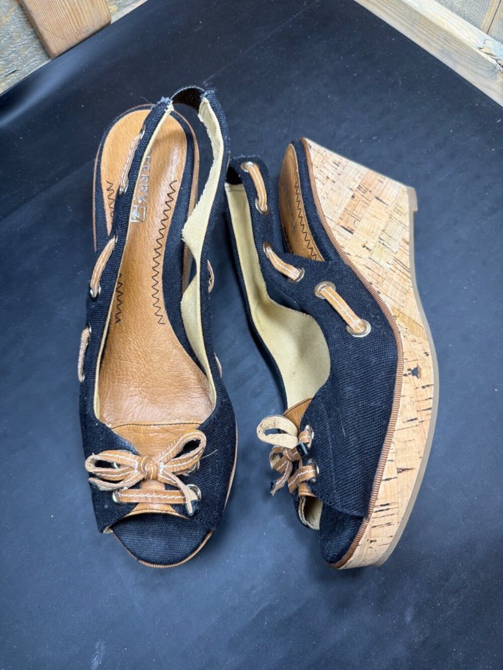 Sperry Top-Sider Womens 10 M Black Canvas Leather Bow Peep Toe Cork Wedge Sandal